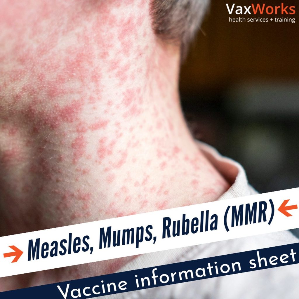 Measles, Mumps, Rubella Vaccine information sheet. Image showing someone with measles.