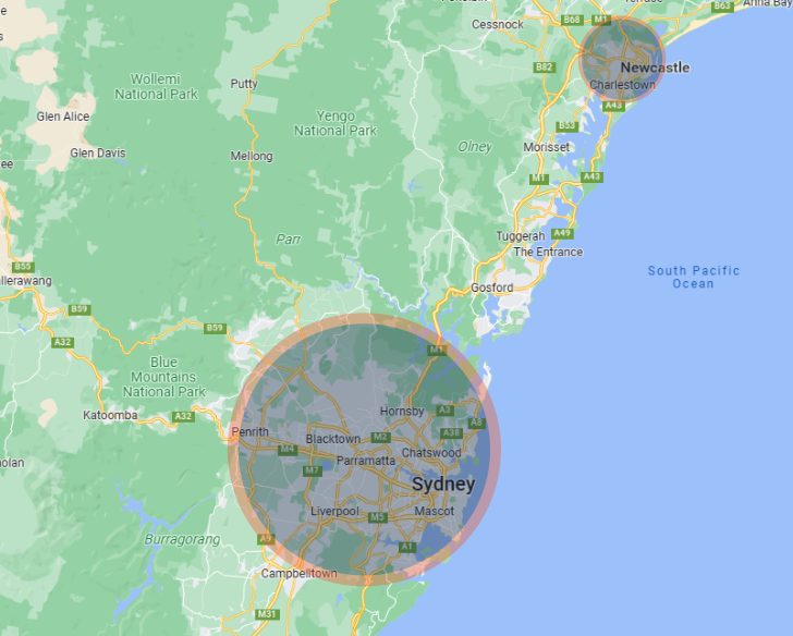 Map showing VaxWorks' vaccination areas around Sydney and Newcastle.