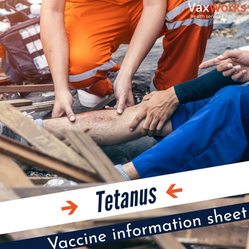 Tetanus Vaccine Information Sheet. Image showing a worker onsite with a leg injury.