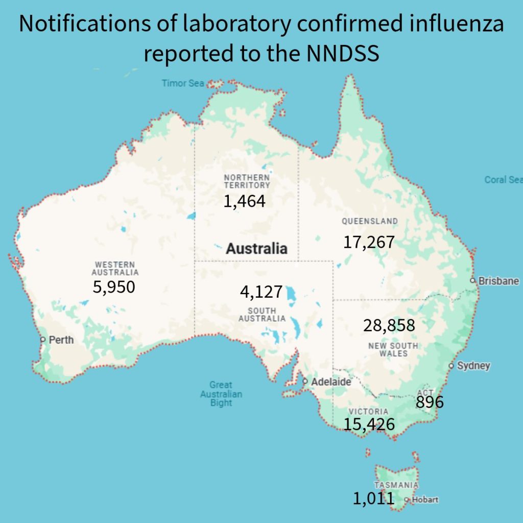 Map of Australia showing reported flu cases by state